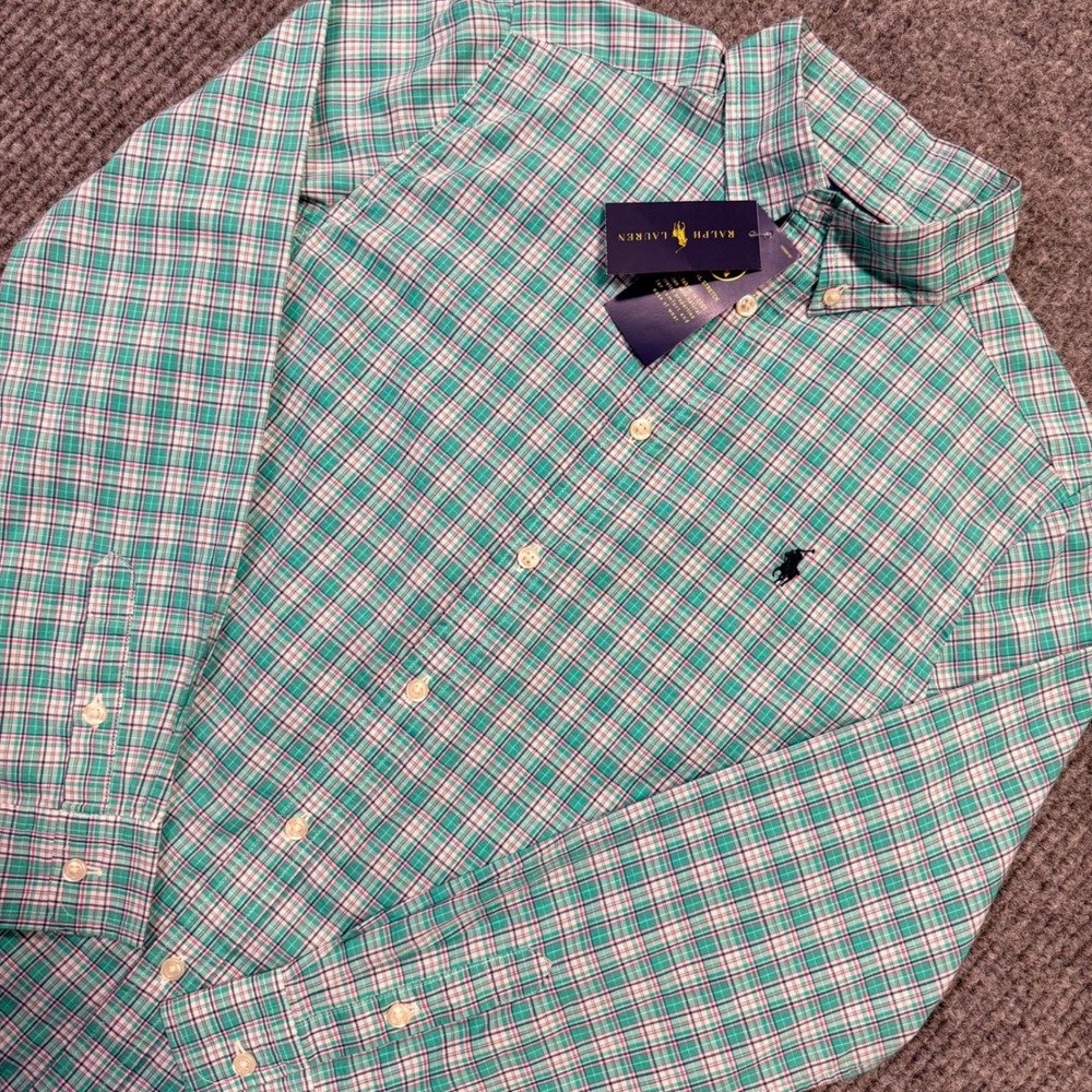 Polo Ralph Lauren Boys Green Plaid Button Down Shirt Natural Stretch L 14-16 NWT